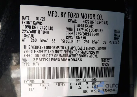 2021 Ford Mustang Mach-E Select z USA, uszkodzony, nr VIN 3FMTK1RMXMMA09466